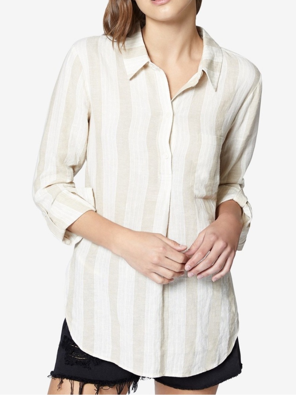 Sanctuary cream Milo striped linen blend button down top shirt size M